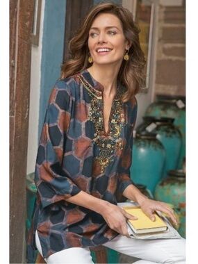 Soft Surroundings Embellished Millefiori Tunic Top Beads Sequins Blue Medium